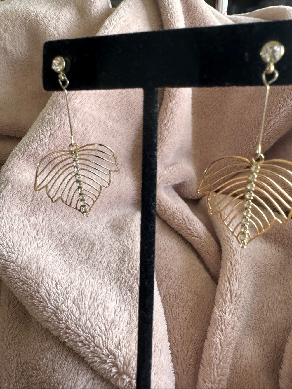 Gold Leaf Drop Earrings with Crystal Accents - Women Jewelry